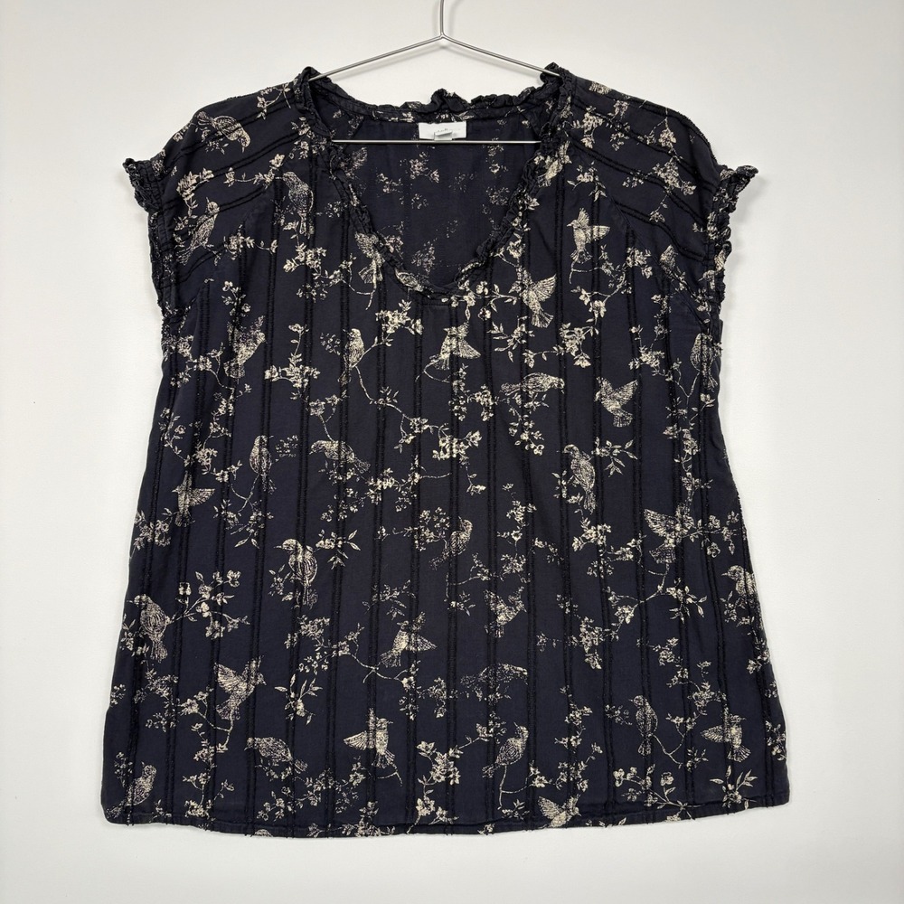 J. Jill Women Top Size M Blue Bird Floral Pintuck Cotton Ruffle VNeck Sleeveless
